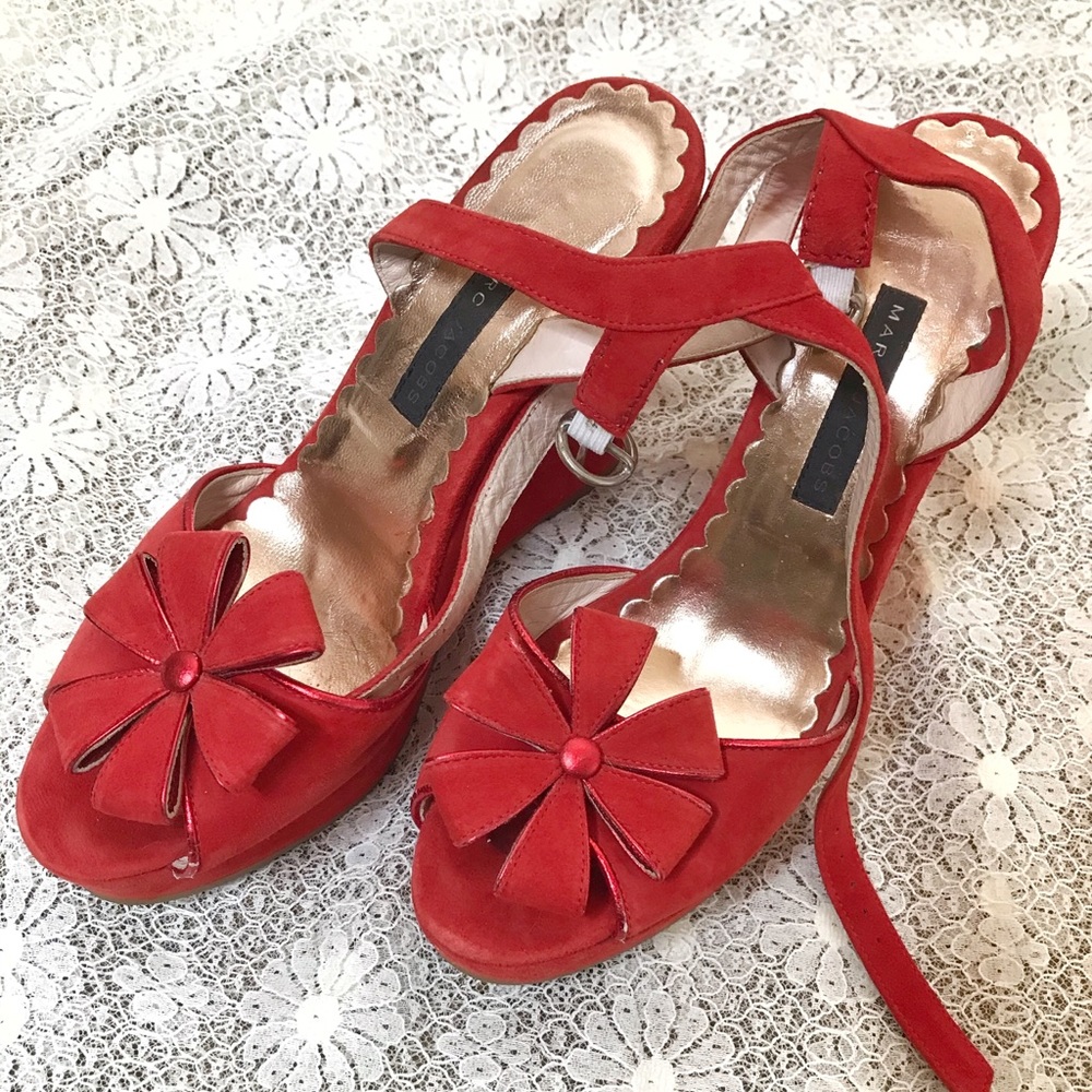 Marc Jacobs Red Flower Ankle Strap Wedge P…